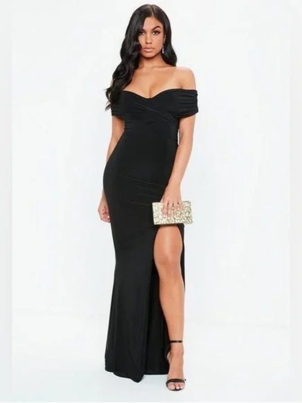 Missguided Black Off-Shoulder Maxi Dress with High Side Slit - Picture 1 of 5